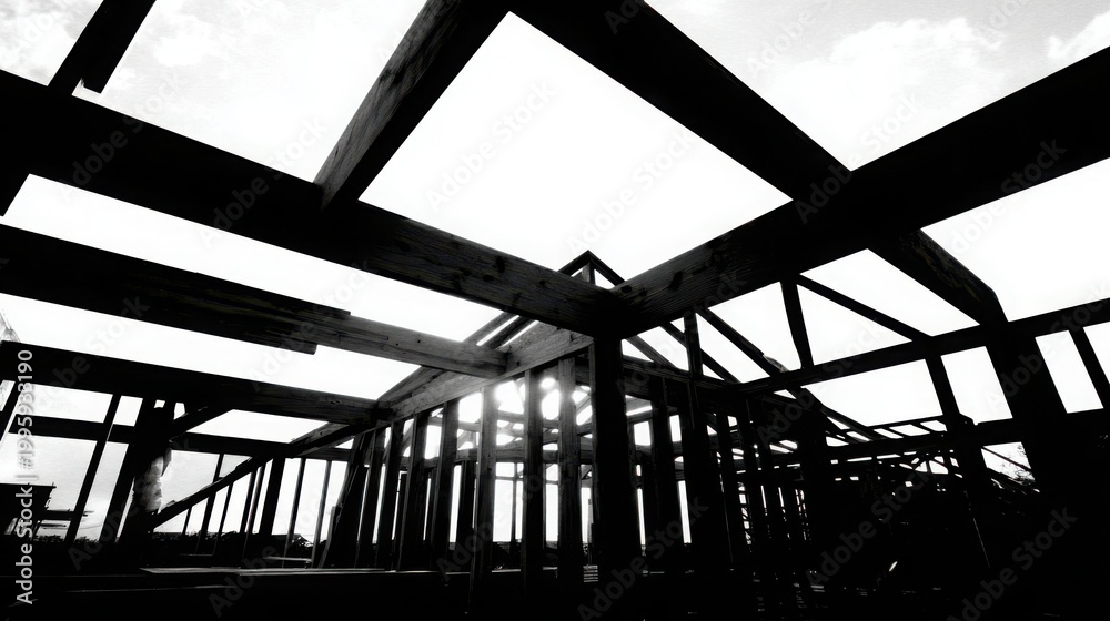 Fototapeta premium Partially completed wooden framework of beams and joists against a bright sky