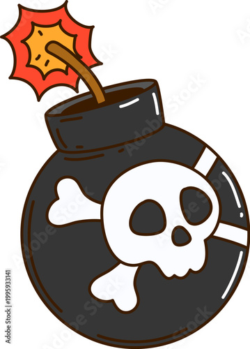 Cartoon pirate round black bomb with skull and crossbones symbol. Vector bomb featuring lit burning fuse with red sparks for adventure game interfaces, pirate party posters or kids books