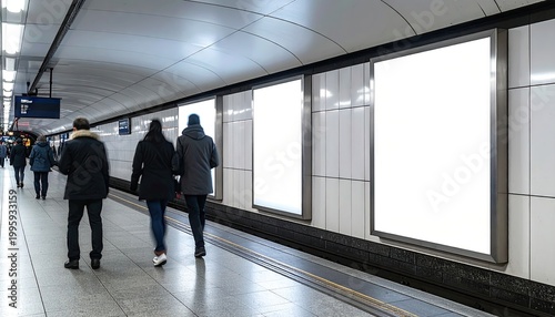 Blank billboards in a subway station with people walking by.
