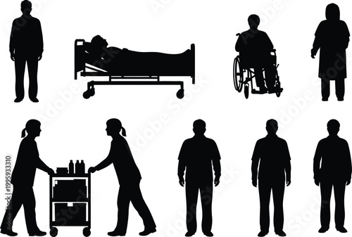 Hospital staff and equipment silhouettes healthcare scene