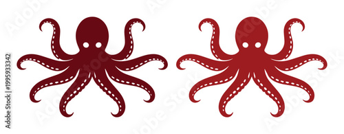 Stylized red octopus vector illustration, two identical marine animal icons, ocean creature graphic design element, aquatic life symbol for branding and decor