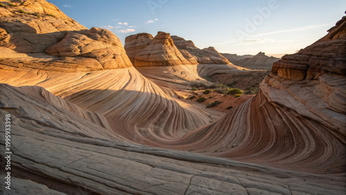 Golden hour layered sandstone formations in desert canyon landscape