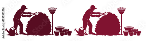 Gardener trimming a large bush with gardening tools, a watering can, broom, and flower pots, a vector illustration for landscaping and horticulture services.