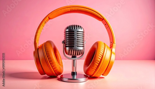 Vintage Microphone and Orange Headphones on Pink Background.
