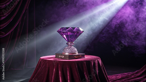 Glowing purple gemstone trophy on velvet stage with dramatic spotlight