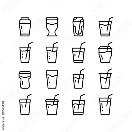 Drink glasses bottles icons with straws set for graphic design web visual projects