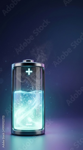 Battery symbol with liquid energy and steam, power concept