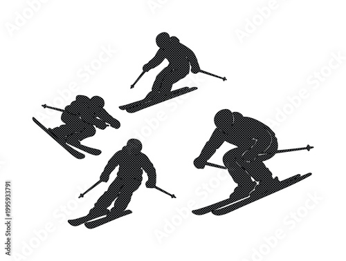 Alpine skiing silhouettes set, black vector skier icons in action poses, downhill mountain sports collection for winter resort branding