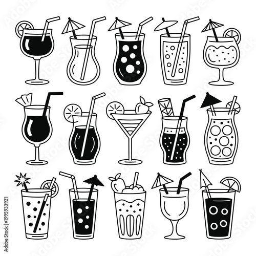 Cocktail glasses collection black white icons with straws umbrellas bar pub drink design