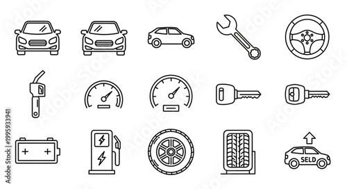 Collection of automotive and transportation icons in line art style.