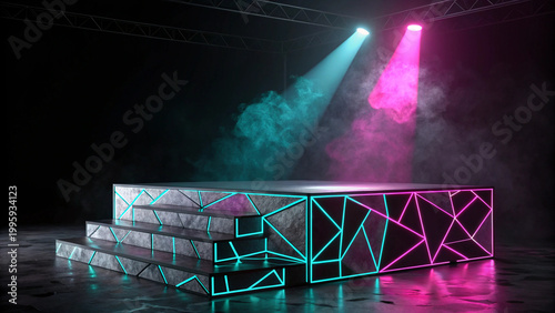 futuristic neon-lit geometric podium with stage lighting effects