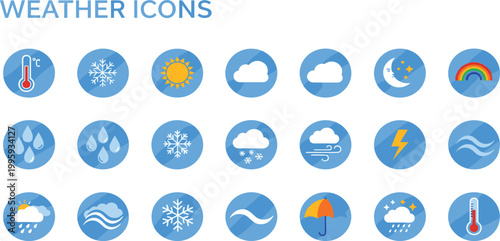 Weather icon vector set featuring sun rain snow thermometer and cloud symbols for digital forecast design