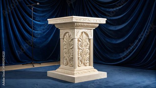 Elegant ivory alabaster podium with ornate carvings on blue stage backdrop