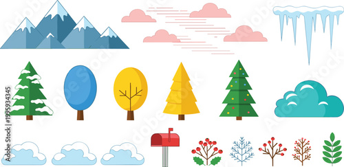 Winter Landscape Element Set Featuring Snowy Mountains, Pine Trees, Icicles, Clouds, and Christmas Plants for Seasonal Greeting Cards, Holiday Decorations, and Outdoor Scene Illustrations