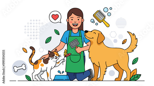 Happy Pet Groomer Caring for Dog and Cat with Love.
