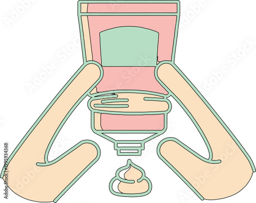 This flat vector illustration depicts a pair of hands squeezing moisturizing cream from a pink cosmetic tube, representing skin care, dermatology, beauty treatments, and health hygiene routines, desig