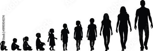 Human growth stages from infant to adult silhouette