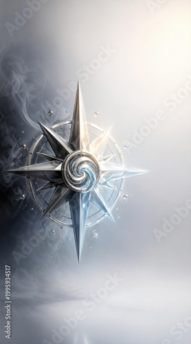 Metallic compass with star design against a foggy background