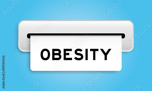 White coupon banner with word obesity from machine on blue color background