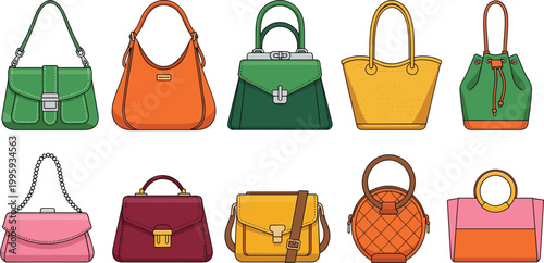 Women fashion handbag vector set featuring leather purse tote and clutch bags for retail e-commerce design.