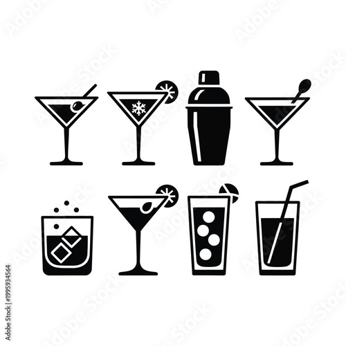 Cocktail glass icons set with shaker for bar restaurant nightlife mixology beverage designs
