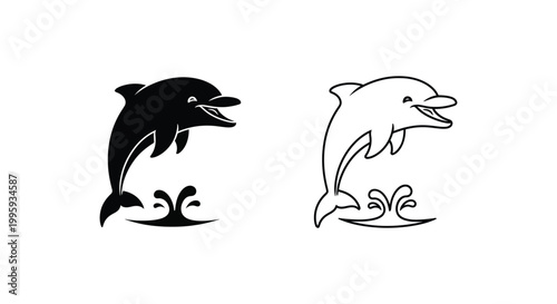 Minimalist dolphin jumping from water vector set, black silhouette and outline dolphin icons, aquatic animal logo elements for marine branding