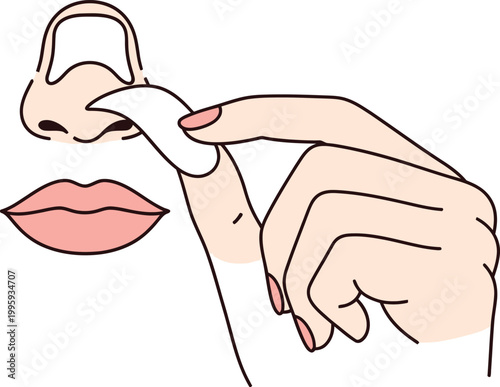 Vector graphic illustration showing a woman's hand applying a cleansing pore strip to her nose. This beauty and skincare treatment is ideal for concepts of facial hygiene, dermatological care, healthy
