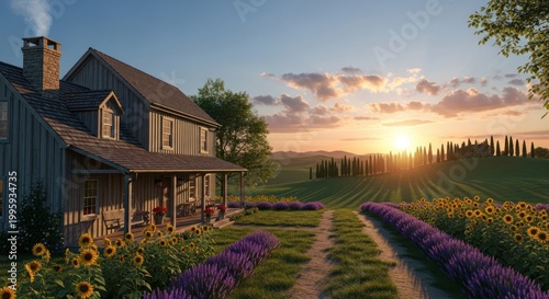 Idyllic Countryside Farmhouse at Sunset with Lavender and Sunflower Fields