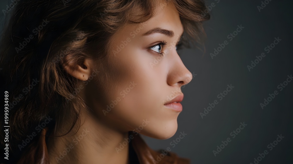 Naklejka premium A thoughtful side profile portrait of a young woman gazing into the distance against a dark minimalist backdrop