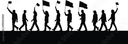 Protest crowd silhouette raising flags in unity