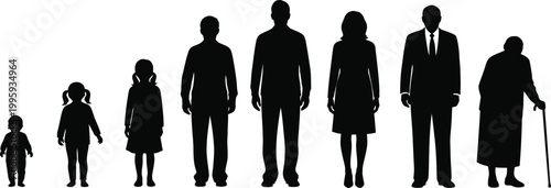 Family silhouette generations standing together in black and white