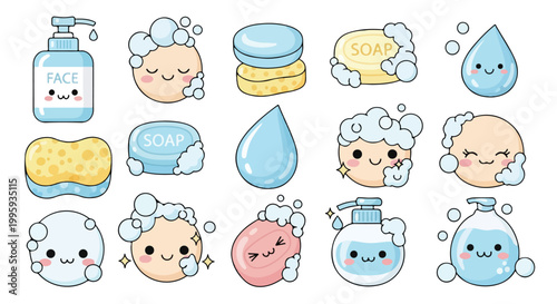 Set of 15 Kawaii Soap and Water Vector Icons
