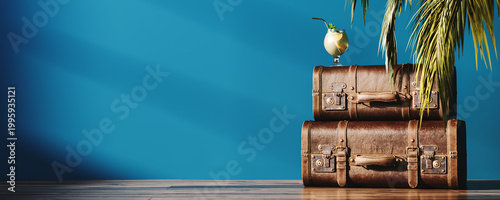 Summer travel. Vintage leather luggage with palm tree on blue background with copy space. 3D Rendering, 3D Illustration