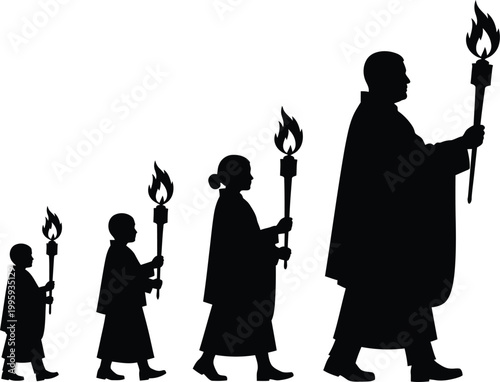 Procession silhouette monks with torches in a line