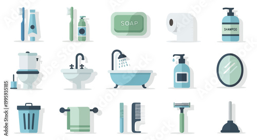 Set of 15 Flat Design Bathroom and Hygiene Icons Vector
