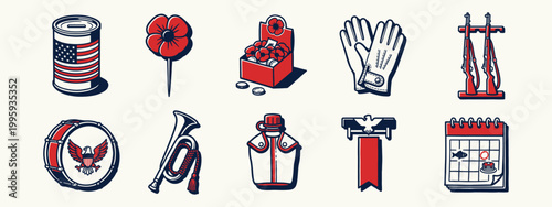 Patriotic military icons for Veterans Day and Memorial Day remembrance