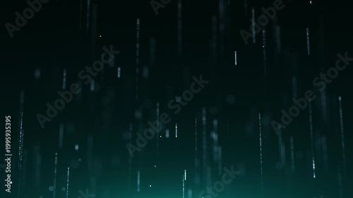 Vertical glowing lines falling in dark teal space, abstract digital rain with soft particles, futuristic technology background, depth and smooth motion effect.
