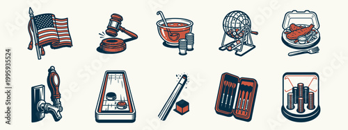 Retro American social club and community center icons for leisure activities and sports