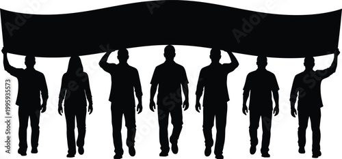 Group of people holding a blank banner silhouette