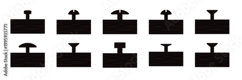 Different types of fasteners, including nails and screws, are presented as black silhouettes. Tool silhouette , screw icon design, nail, hardware tool, vector illustration.