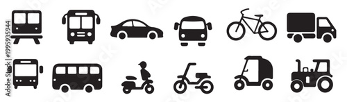 A set of vector icons representing various modes of transportation. Transportation and road related icons set featuring various vehicles and traffic elements for modern digital design projects. vector