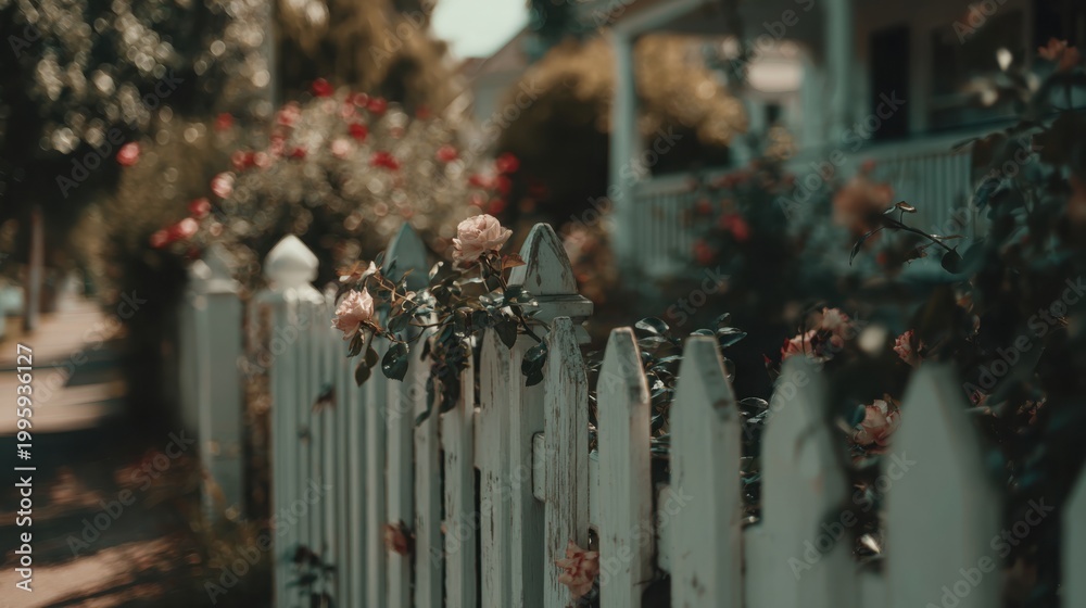 Obraz premium A charming white picket fence adorned with delicate roses in a serene garden setting