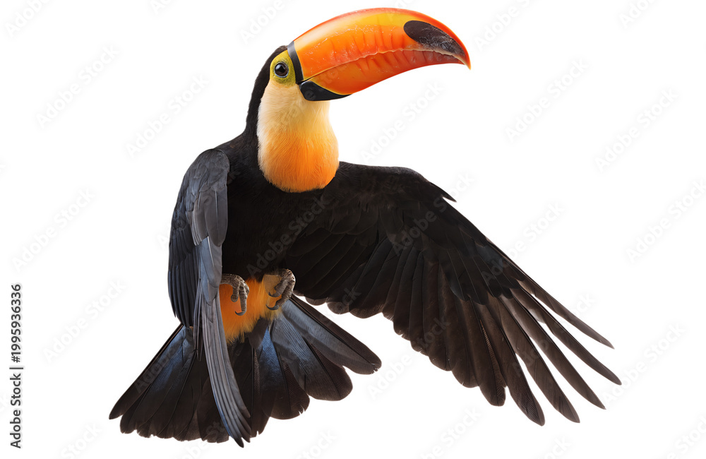 Fototapeta premium Realistic colorful toucan isolated on transparent background. Exotic tropical bird with glossy