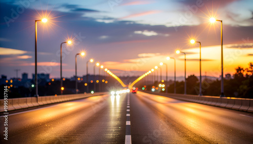 Empty illuminated highway at dusk with glowing streetlights.