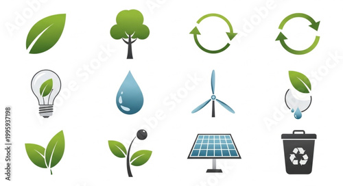Collection of environmental and renewable energy icons.