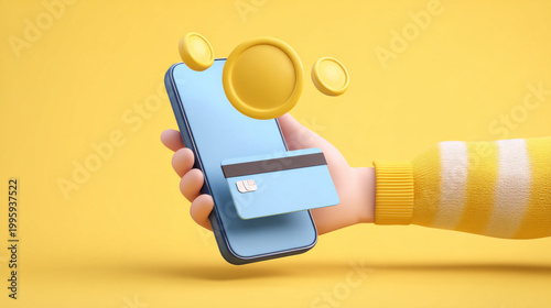 3D Hand holding phone with credit card and coin. Online payment concept. Smartphone with wallet banking app. Transfer and saving money concept. Contactless payments. Creative design. 3D Rendering