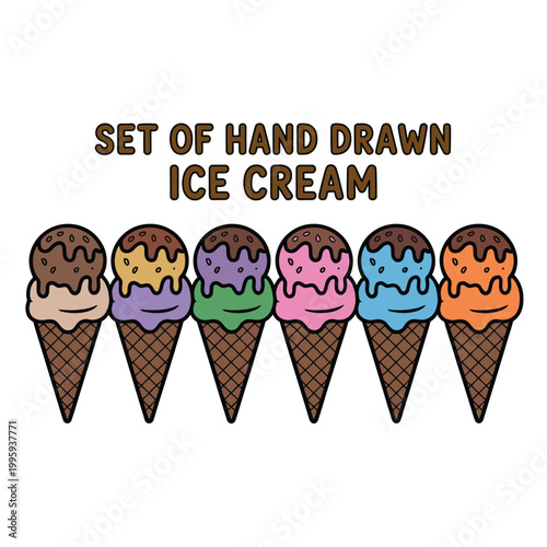 Set of hand drawn ice cream cones with colorful scoops and chocolate toppings