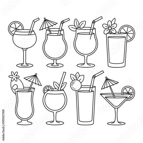 Cocktails with colorful straws and umbrellas on a plain background for summer fun and relaxation