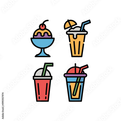 Colorful illustrations of ice cream and cold drinks on a plain background