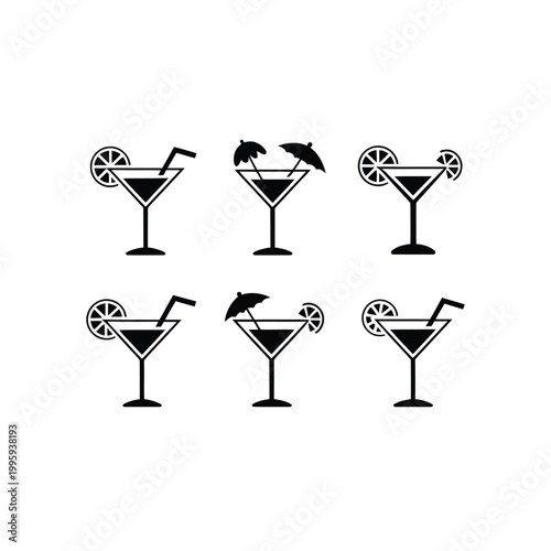 Cocktail icons with umbrellas and straws on a light background
